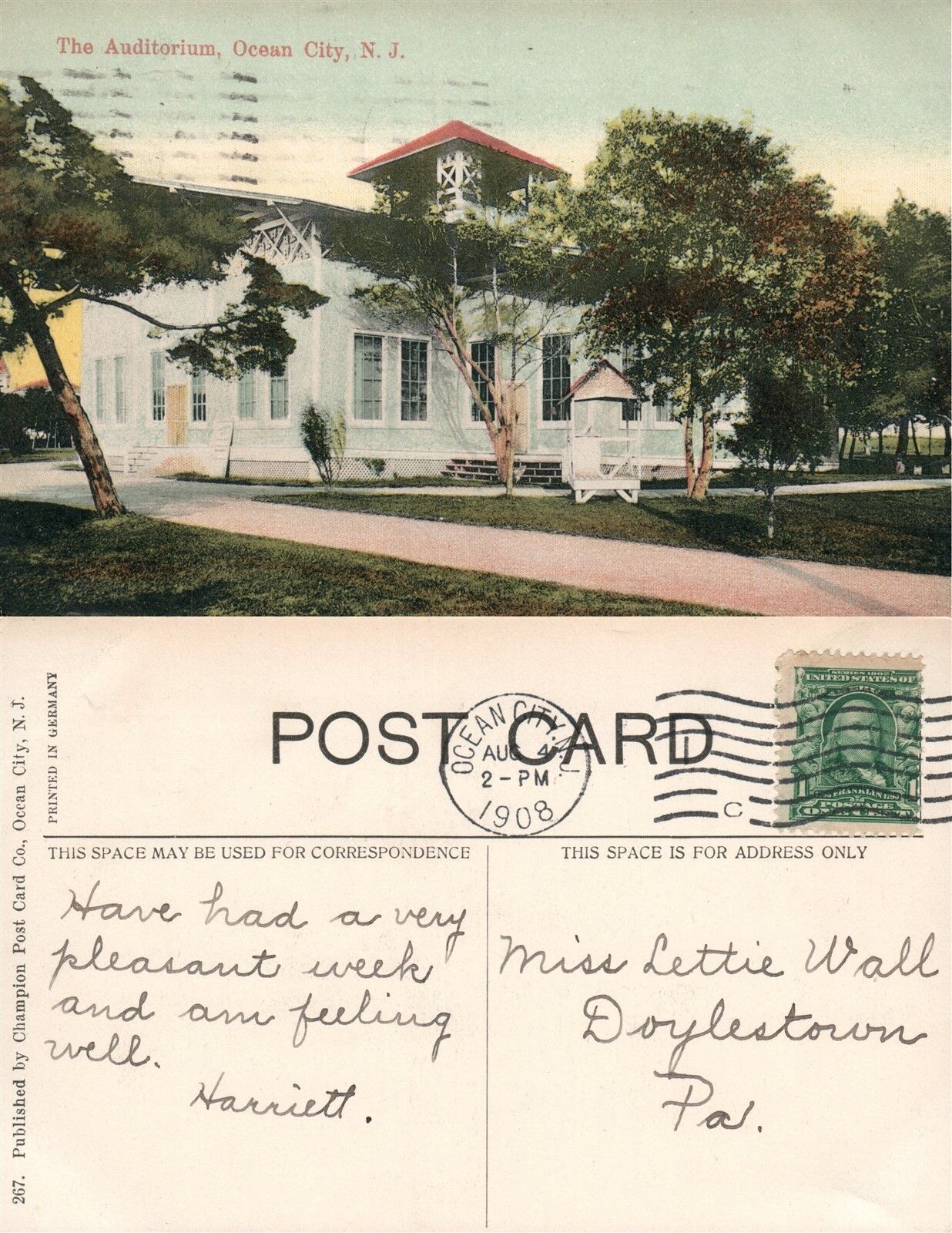OCEAN CITY N.J. AUDITORIUM 1908 ANTIQUE POSTCARD