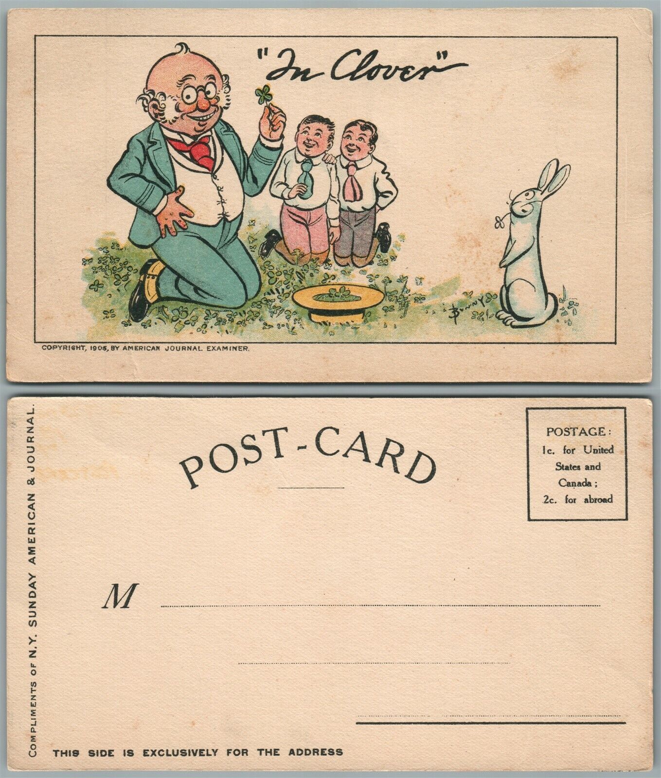 ANTIQUE 1906 COMIC POSTCARD ARTIST SIGNED A.A.BUNNY by AMERICAN JOURNAL EXAMINER