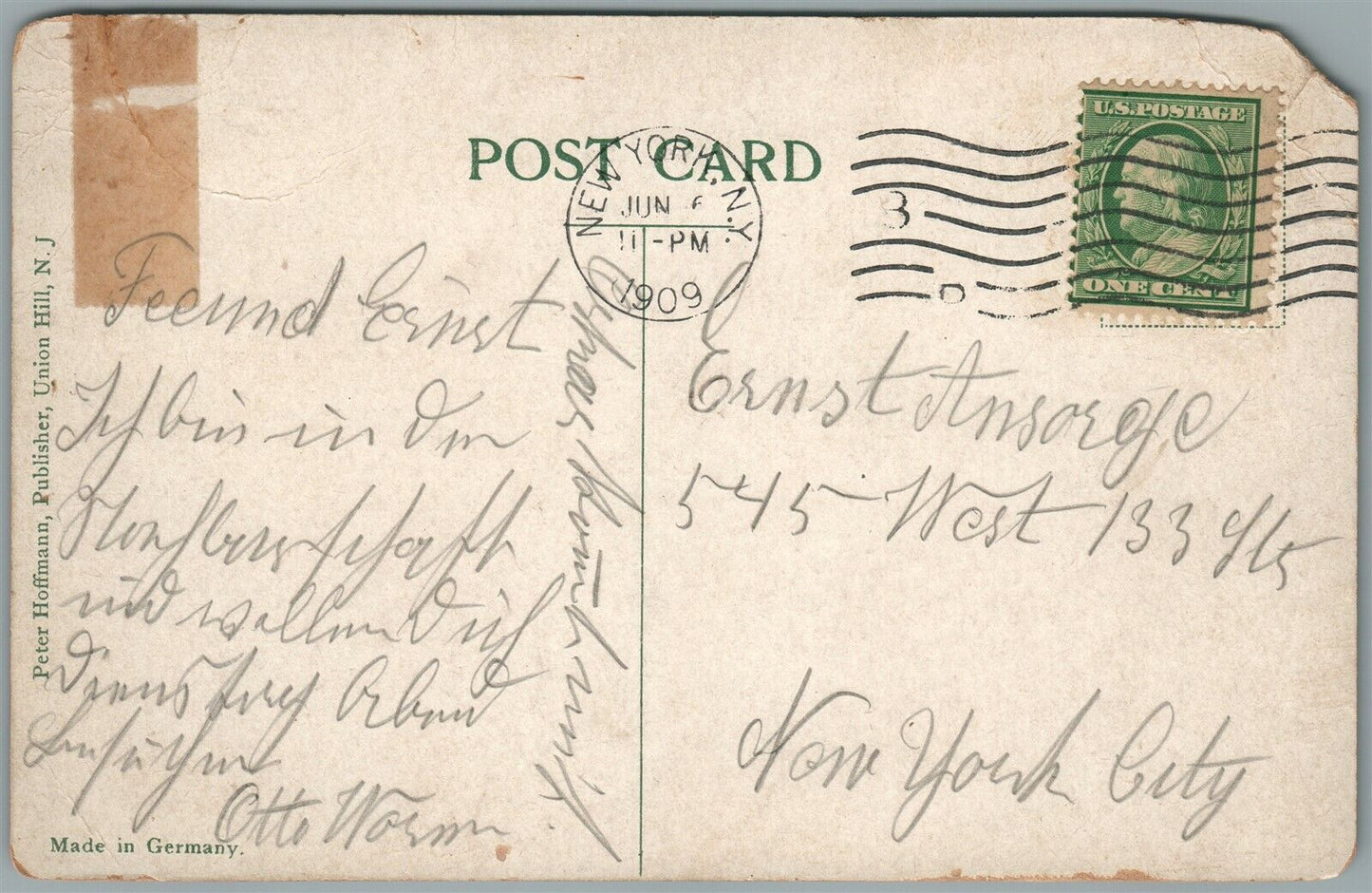 UNION HILL NJ BERGENLINE AVE. & FOURTH STREET ANTIQUE POSTCARD