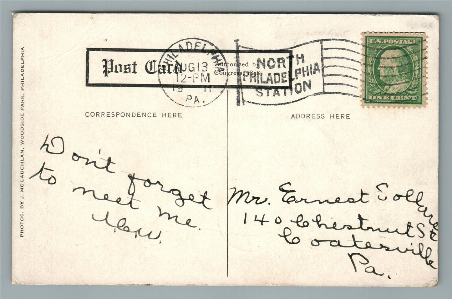 PHILADELPHIA PA WOODSIDE PARK 1911 ANTIQUE POSTCARD