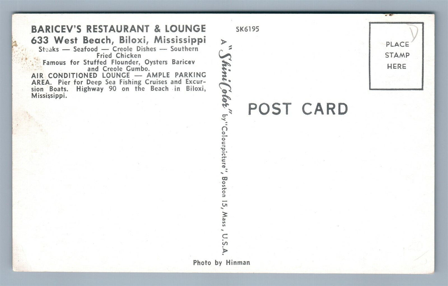 BILOXI MS WEST BEACH BARICEV'S RESTAURANT ADVERTISING VINTAGE POSTCARD