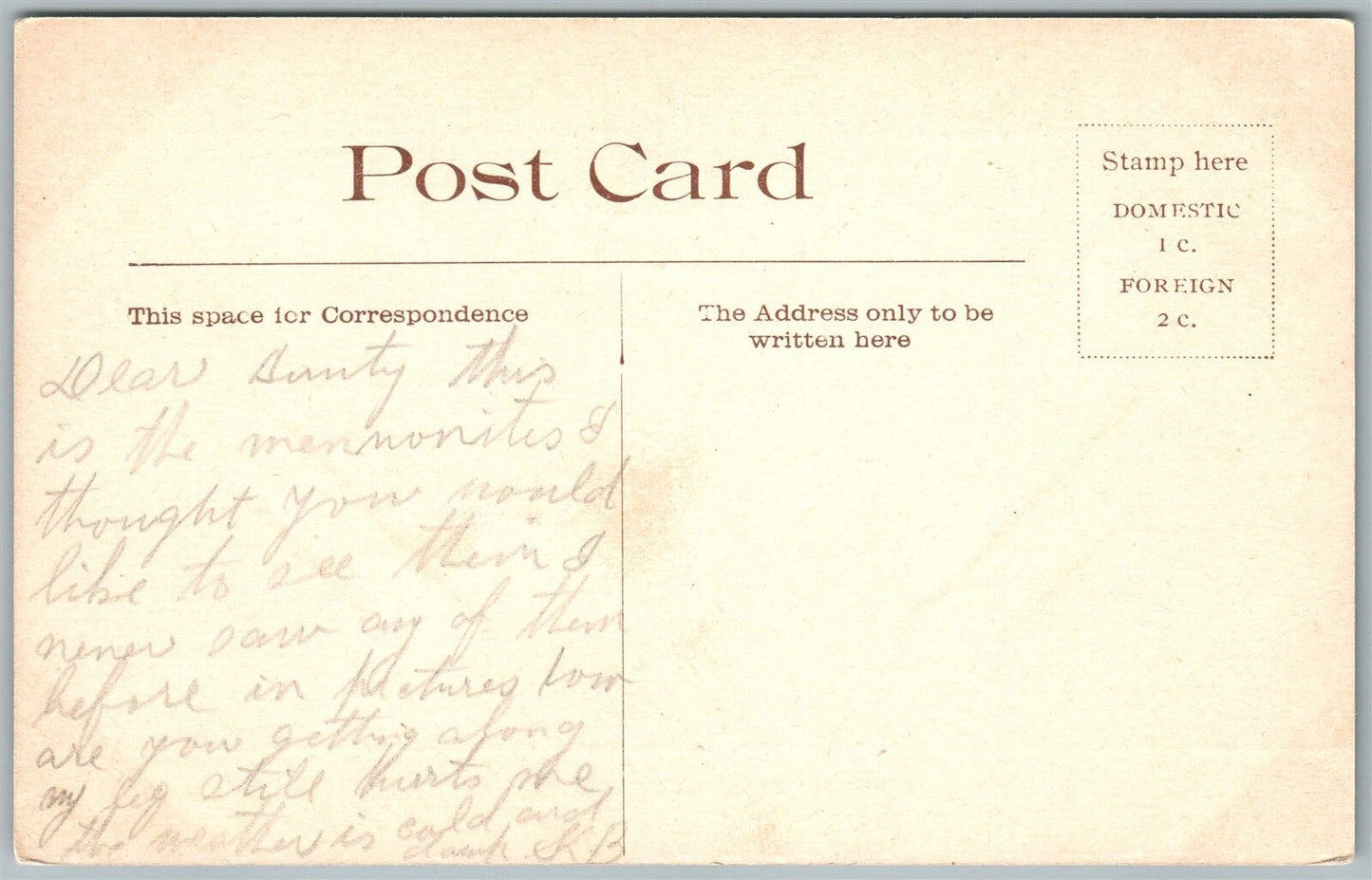 LANCASTER COUNTY PA MENNONITES ANTIQUE POSTCARD