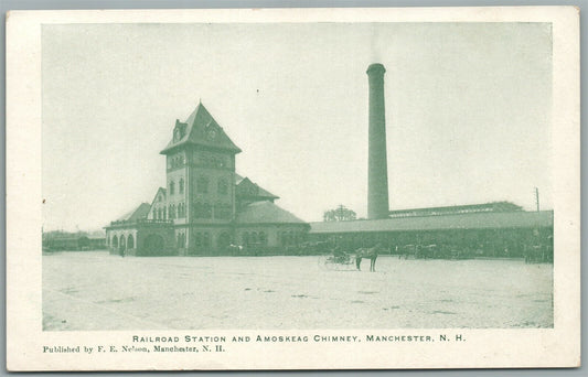 MANCHESTER NH RAILROAD STATION AMOSKEAG CHIMNEY RAILWAY DEPOT ANTIQUE POSTCARD
