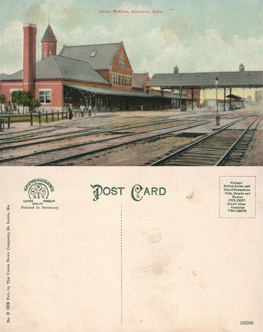 ATCHISON UNION RAILWAY STATION ANTIQUE POSTCARD RAILROAD TRAIN DEPOT