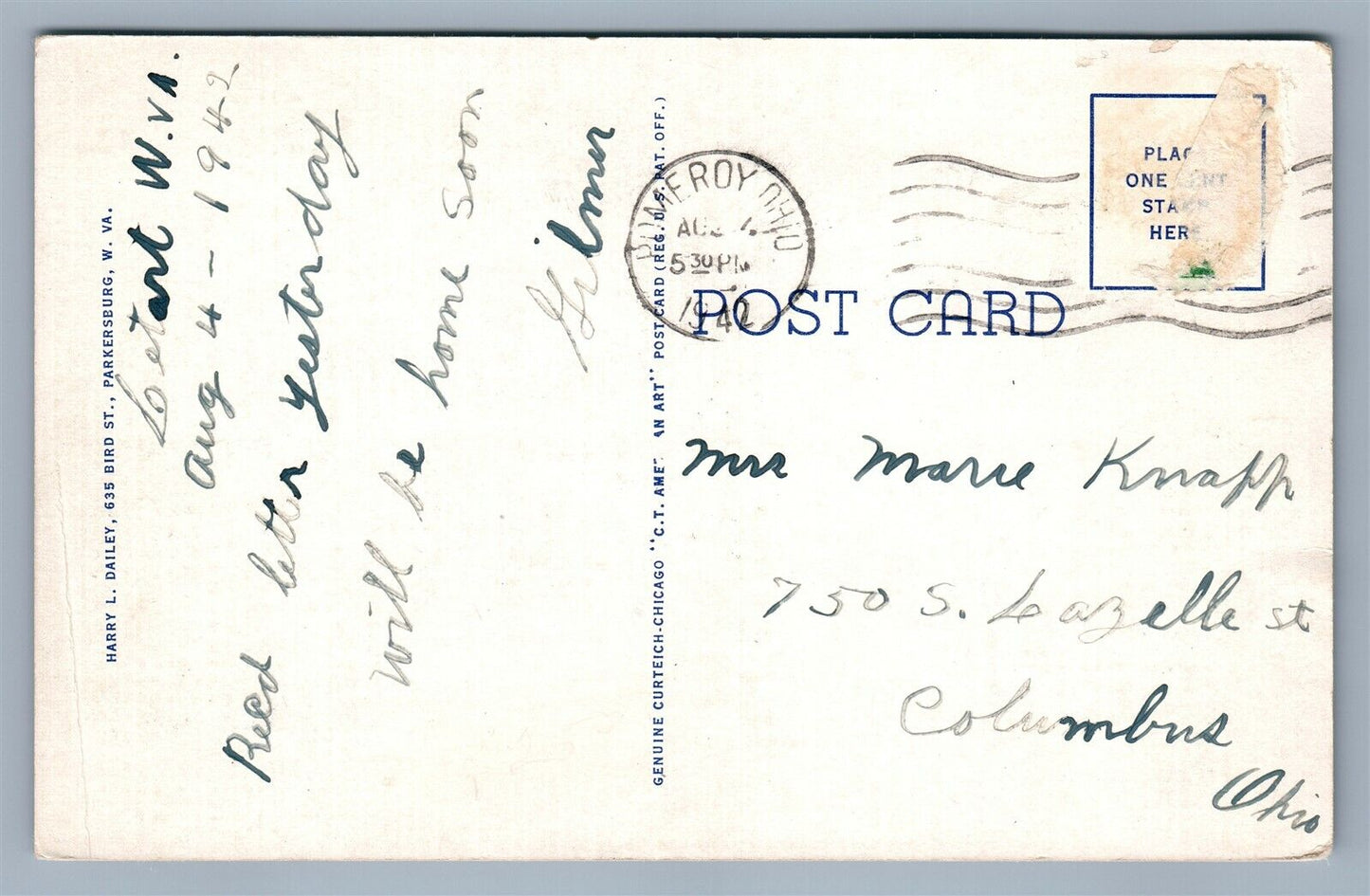 POMEROY OH MAIN STREET & PARING GROUND 1942 VINTAGE POSTCARD