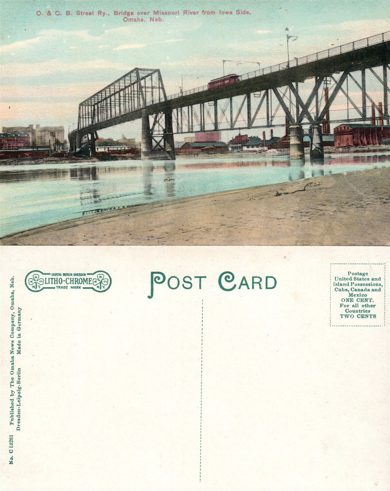 OMAHA NE O. & C.B. STREET RAILROAD BRIDGE OVER MISSOURY RIVER ANTIQUE POSTCARD