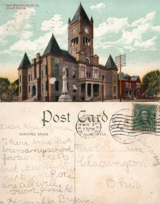 NEW MARTINSVILLE W.VA COURT HOUSE ANTIQUE 1908 POSTCARD