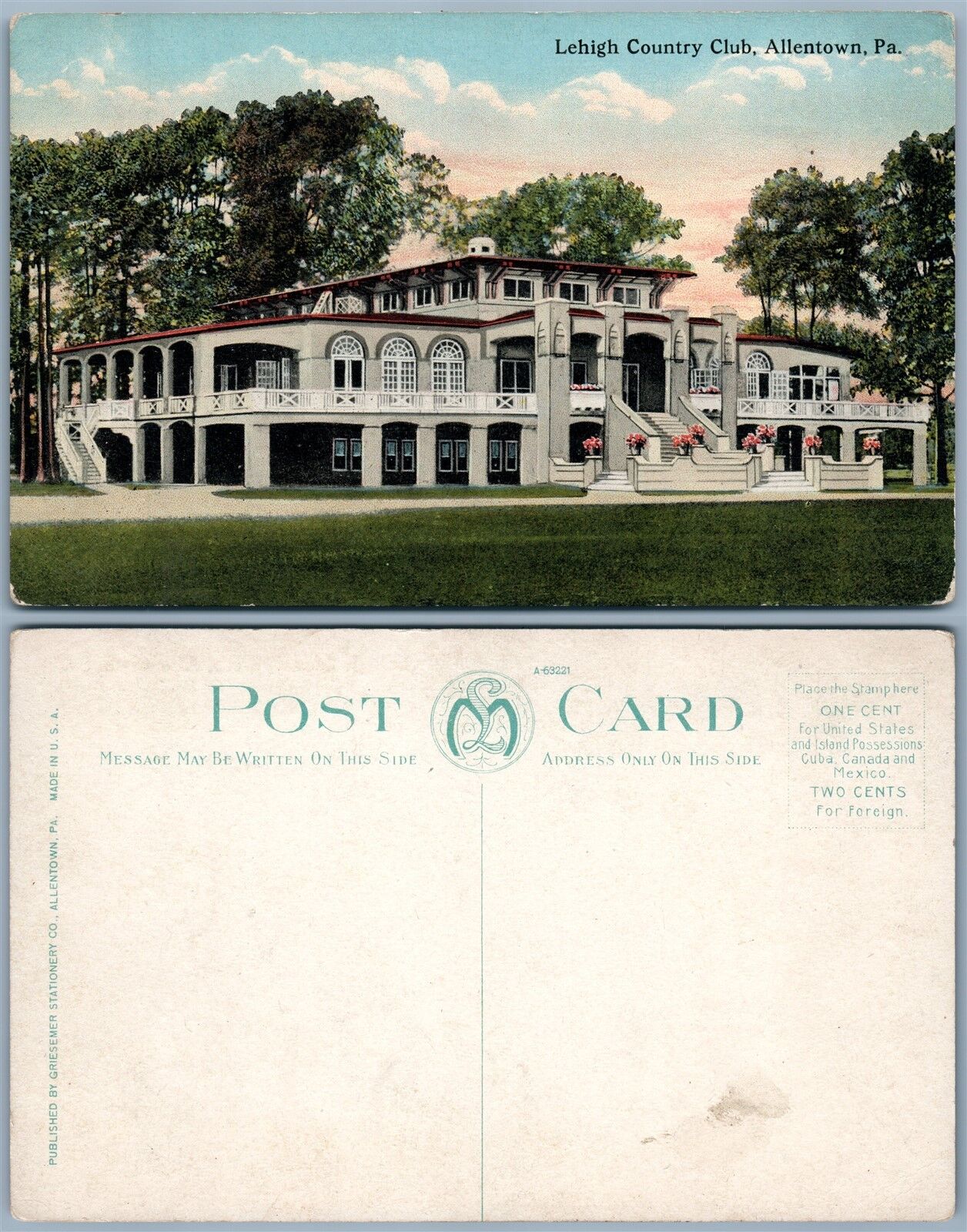ALLENTOWN PA LEHIGH COUNTRY CLUB ANTIQUE POSTCARD