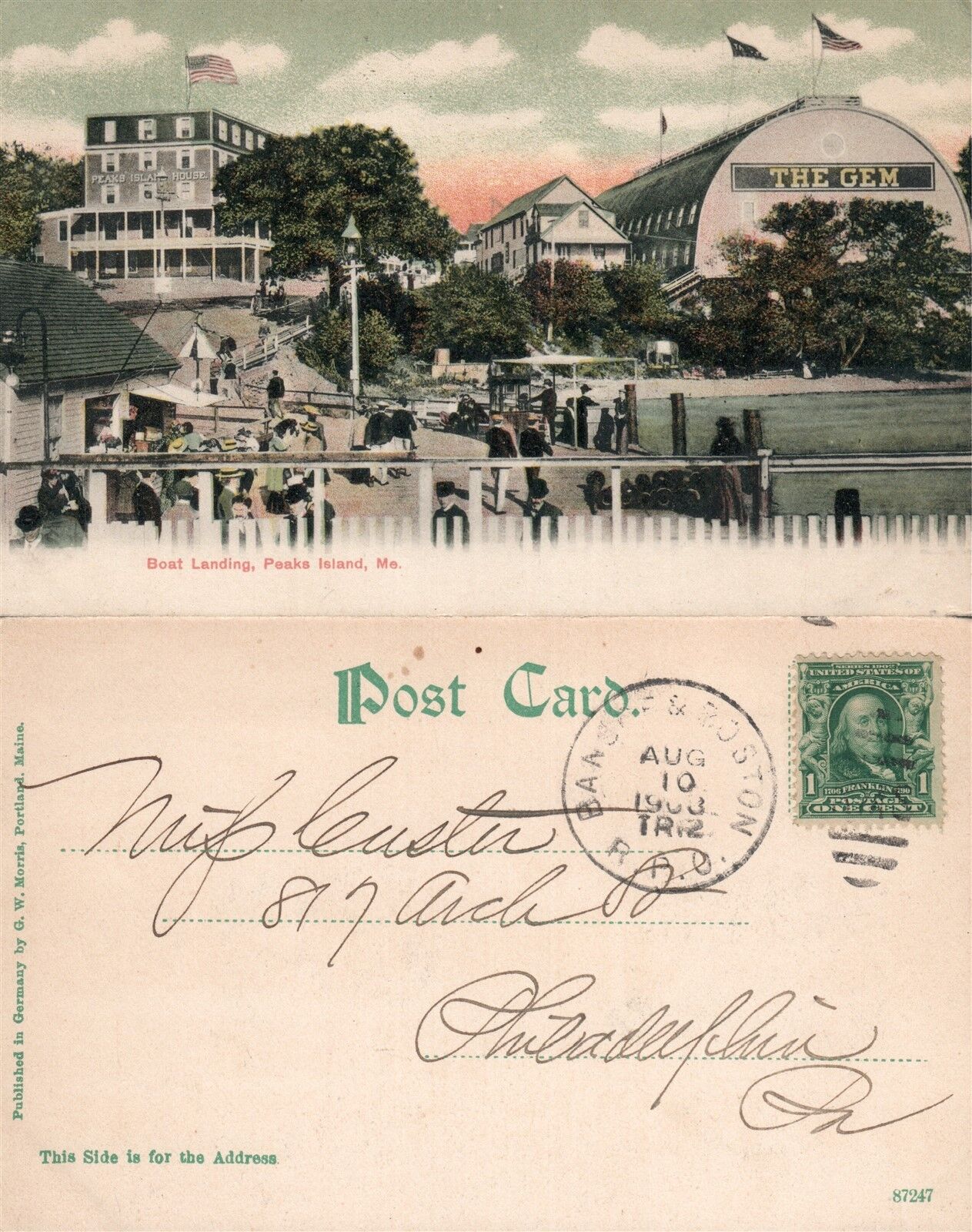 PEAKS ISLAND ME BOAT LANDING 1908 UNDIVIDED ANTIQUE POSTCARD w/ CORK CANCEL