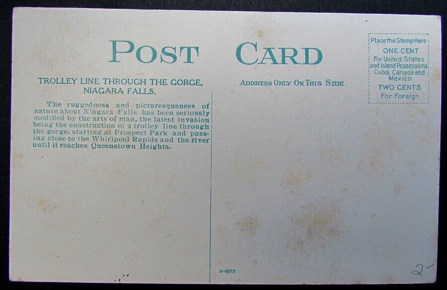 TROLLEY LINE THROUGH THE GORGE NIAGARA FALLS railway railroad ANTIQUE POSTCARD