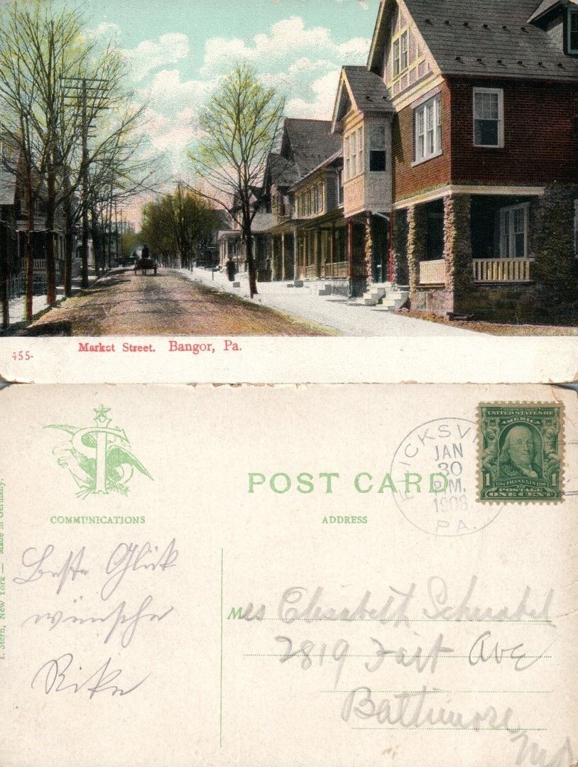 BANGOR PA MARKET STREET 1908 ANTIQUE POSTCARD