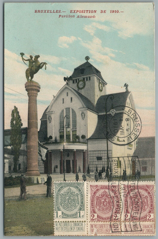 BRUXELLES EXPOSITION DE 1910 BELGIUM ANTIQUE POSTCARD w/ STAMPS