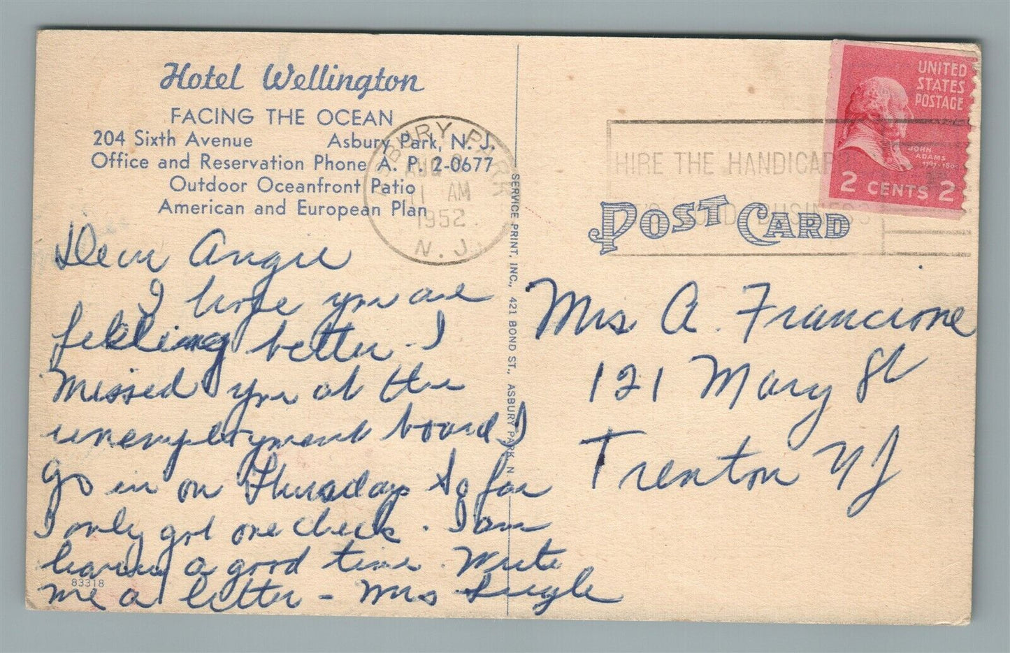 ASBURY PARK NJ HOTEL WELLINGTON FACING THE OCEAN VINTAGE POSTCARD