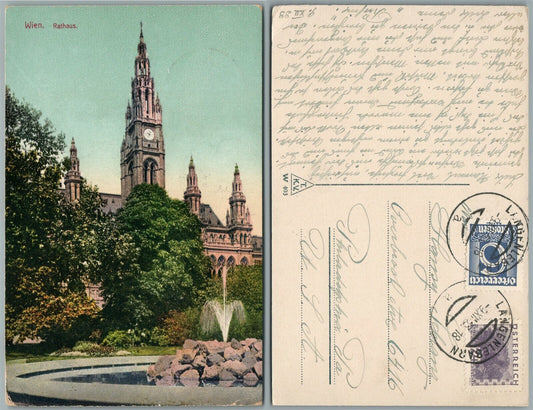 WIEN AUSTRIA RATHAUS 1918 ANTIQUE POSTCARD w/ STAMPS