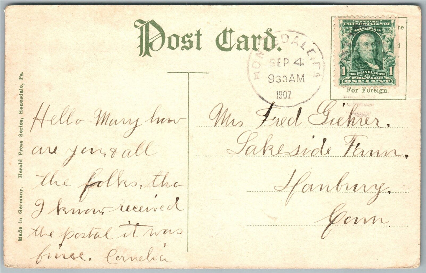 HONESDALE PA MAIN STREET 1907 ANTIQUE POSTCARD