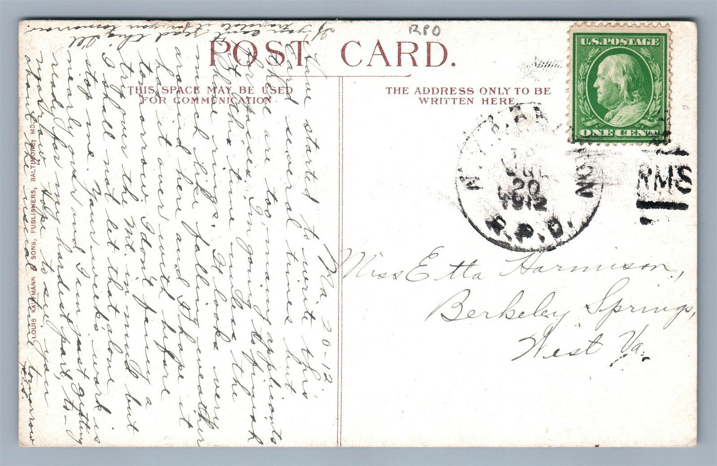 HARPERS FERRY W.Va HIGH STREET & PUBLIC WALK 1912 ANTIQUE POSTCARD