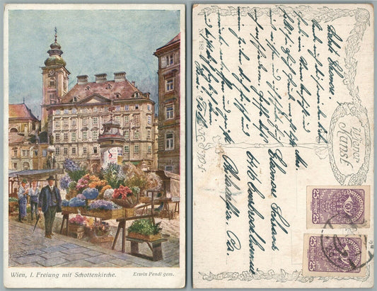 WIEN AUSTRIA FREIUNG MIT SCHOTTENKIRCHE ANTIQUE POSTCARD w/ STAMPS