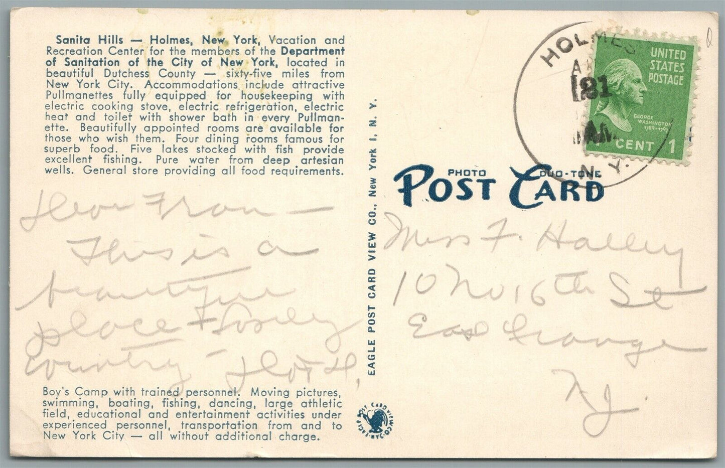 HOLMES NY SWIMMING HOLE SANITA HILLS ANTIQUE POSTCARD