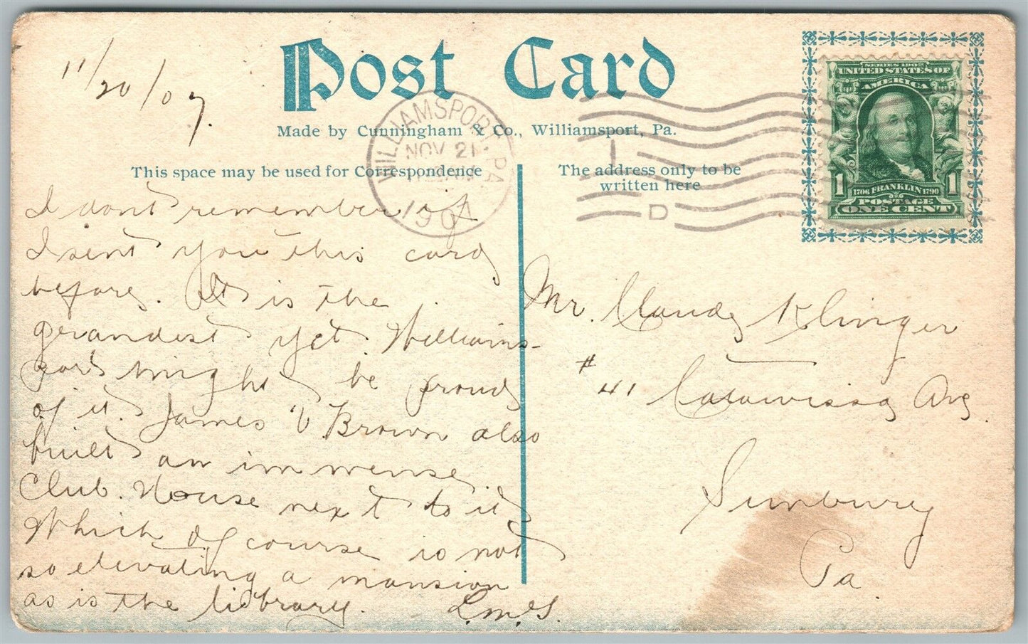 WILLIAMSPORT PA JAMES BROWN MEMORIAL LIBRARY 1907 ANTIQUE POSTCARD