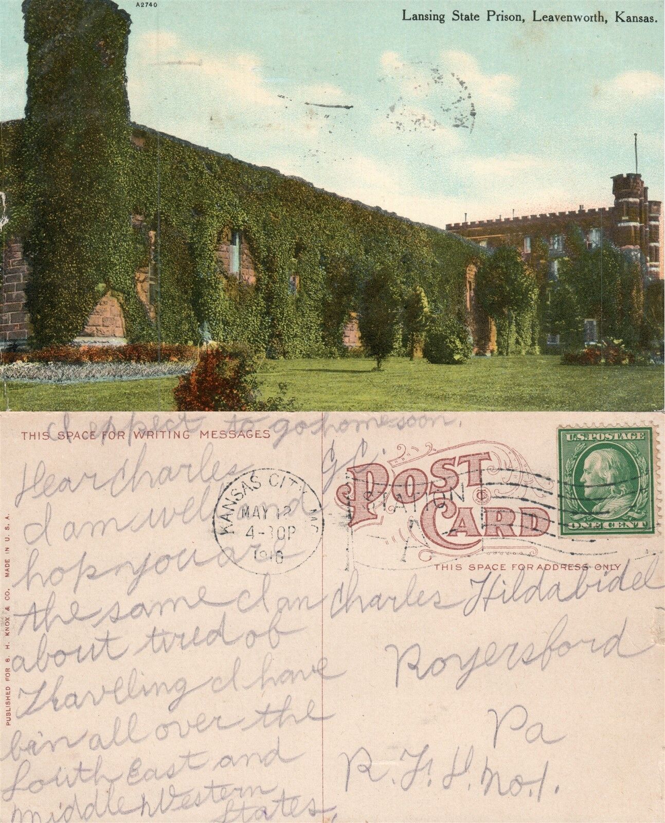 LEAVENWORTH KS LANSING STATE PRISON 1910 ANTIQUE POSTCARD