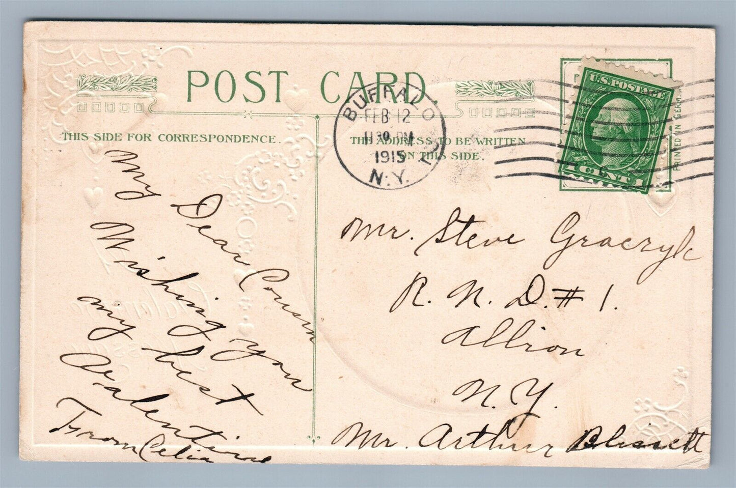 VALENTINE MESSAGE 1913 EMBOSSED ANTIQUE POSTCARD by JOHN WINSCH