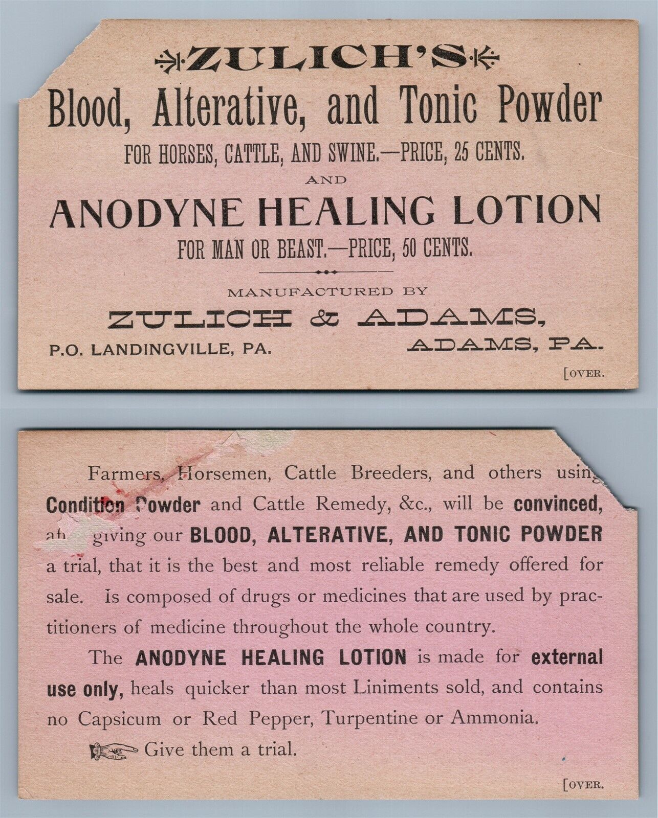 VICTORIAN TRADE CARD ZULICH'S POWDER FOR HORSES HEALING LOTION ADAMS PA antique