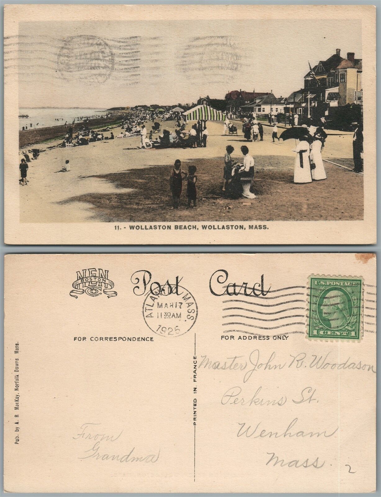 WOLLASTON MA BEACH 1925 ANTIQUE POSTCARD