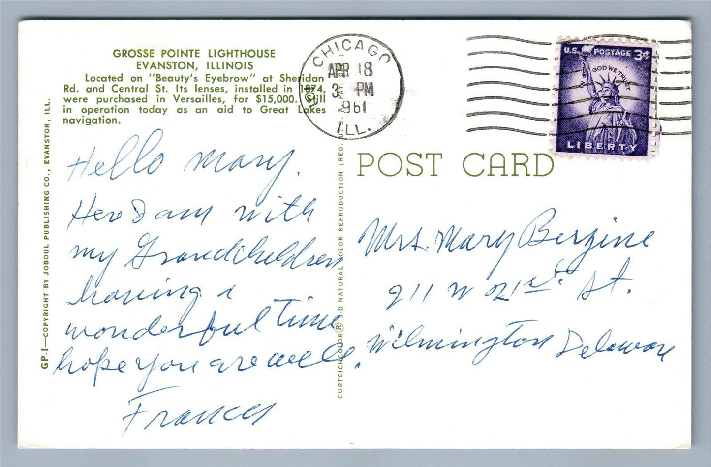 EVANSTON ILL GROSSE POINT LIGHT HOUSE 1961 VINTAGE POSTCARD