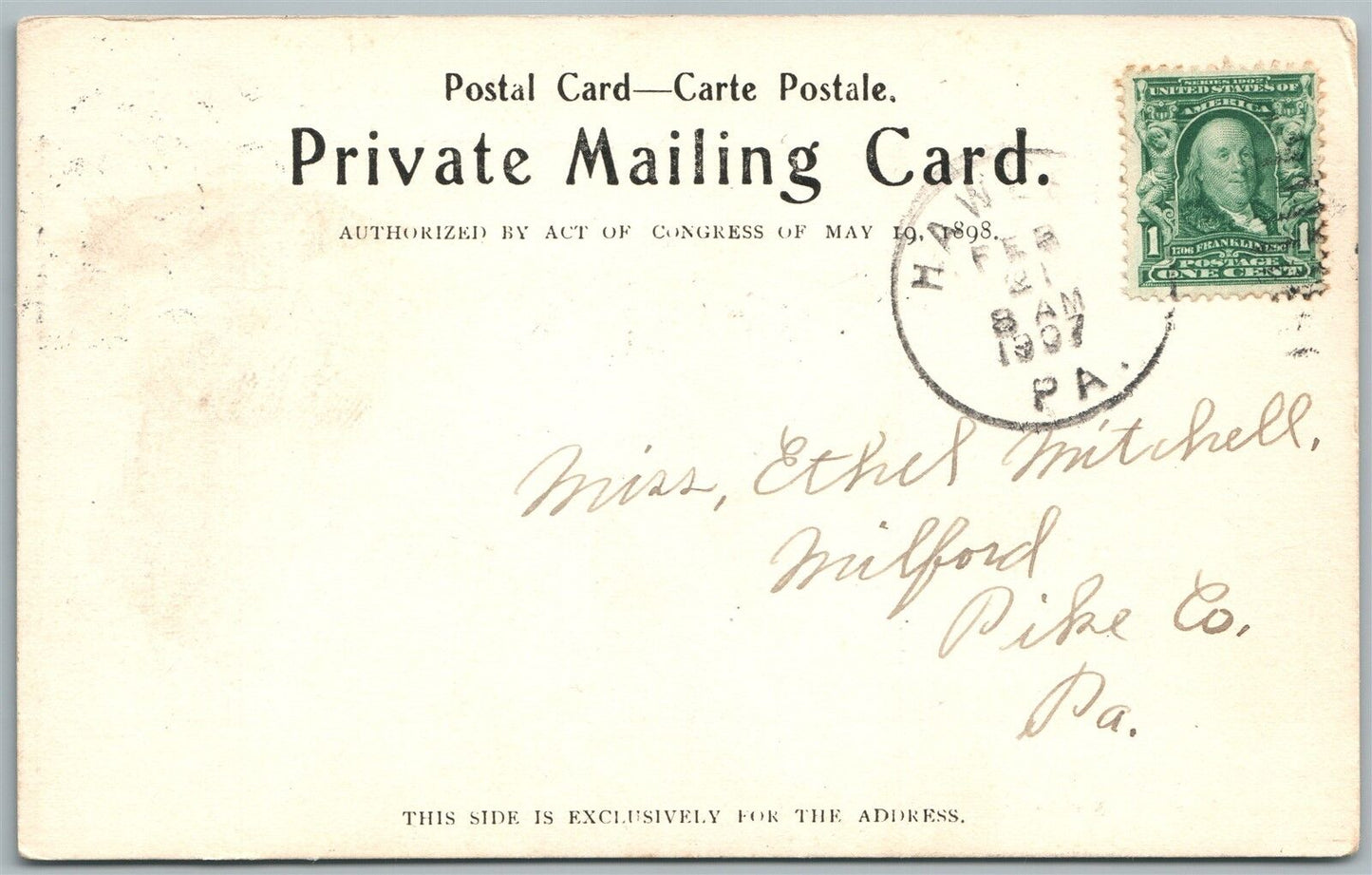 HAWLEY PA FIRST NATIONAL BANK 1907 ANTIQUE POSTCARD PRIVATE MAILING CARD