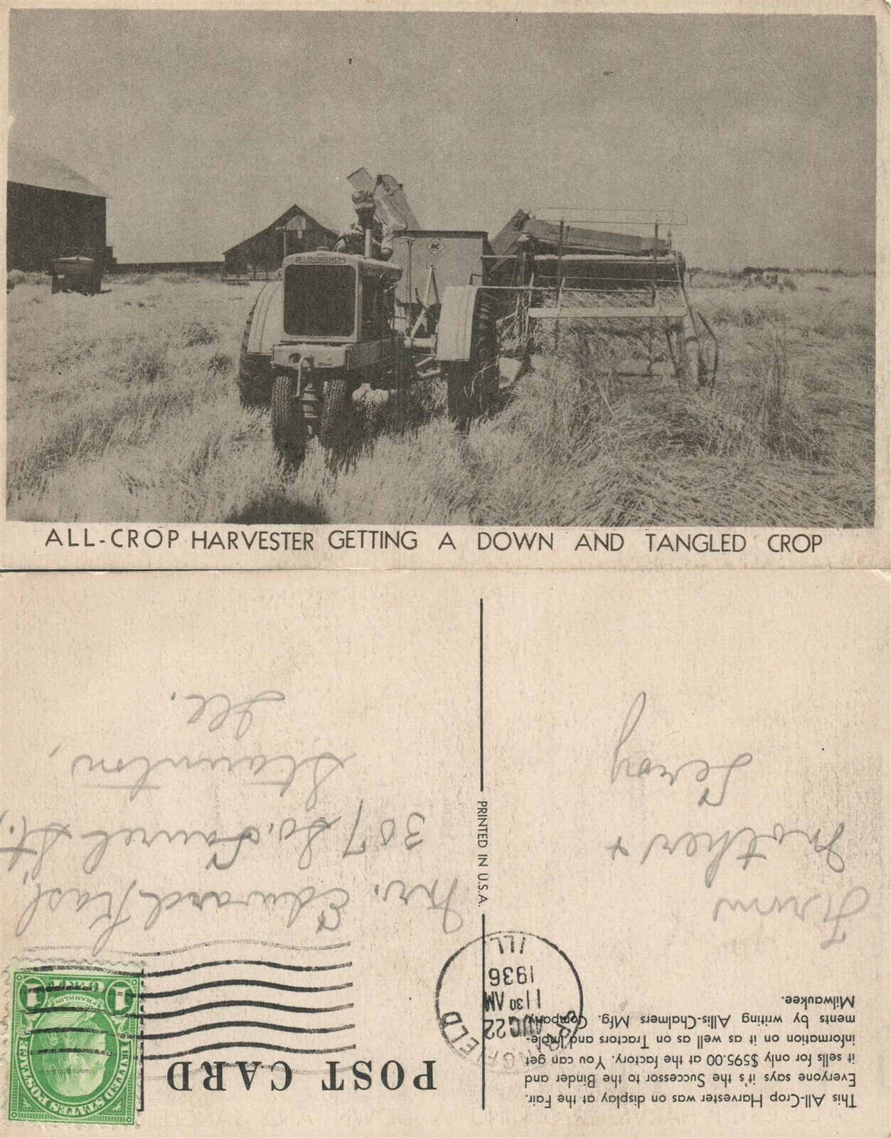 FARM VIEW ALL-CROP HARVESTER GETTING A DOWN & TANGLED CROP 1936 ANTIQUE POSTCARD