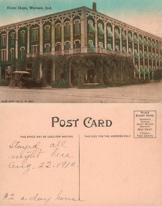 WARSAW IN HOTEL HAYS 1910 ANTIQUE POSTCARD