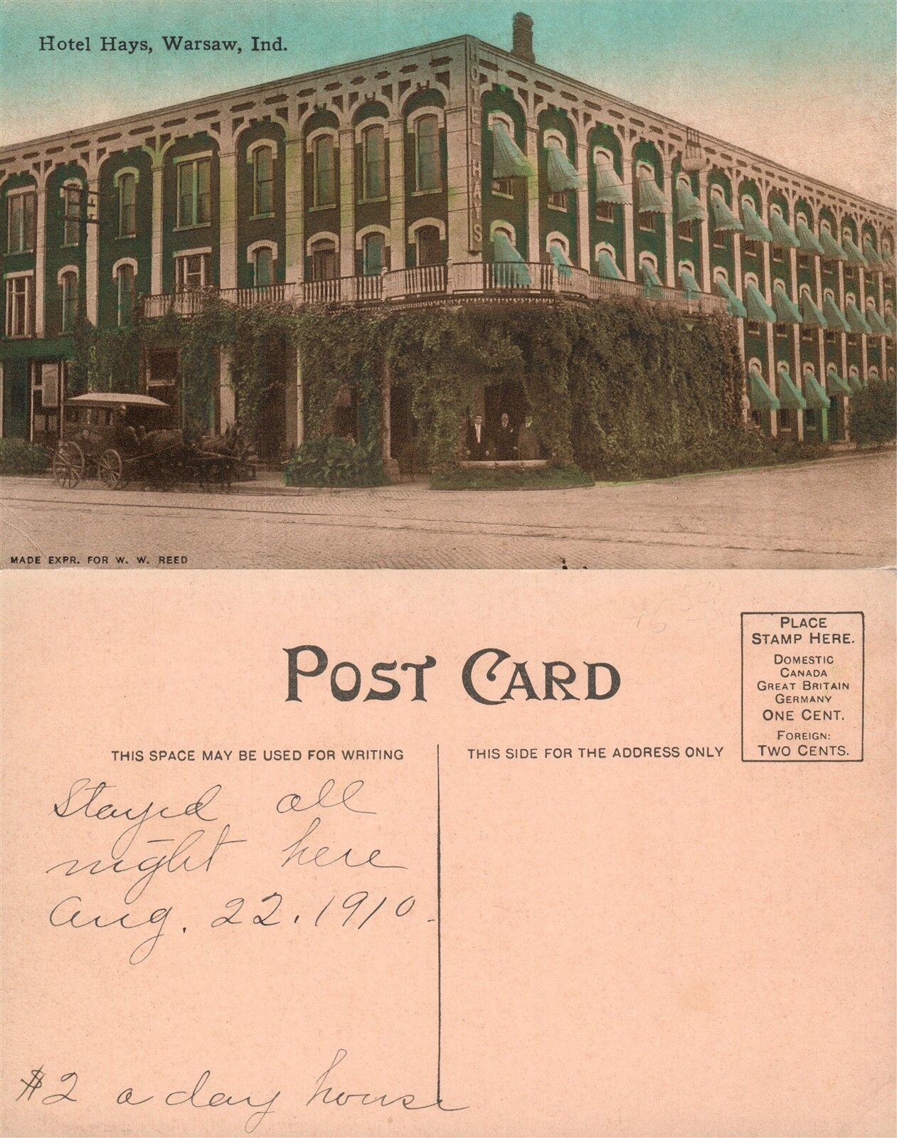 WARSAW IN HOTEL HAYS 1910 ANTIQUE POSTCARD