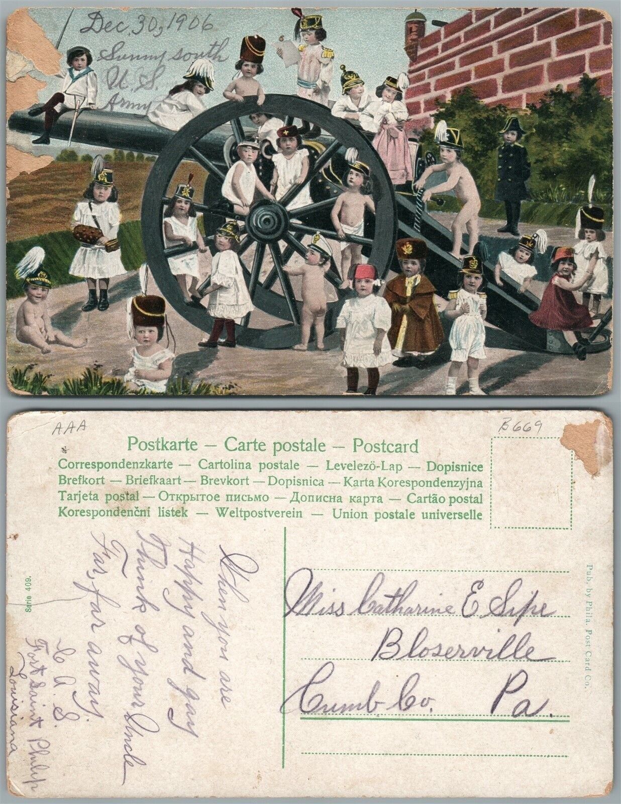 MULTIPLE BABIES MILITARY SCENE w/ CANNON ANTIQUE POSTCARD