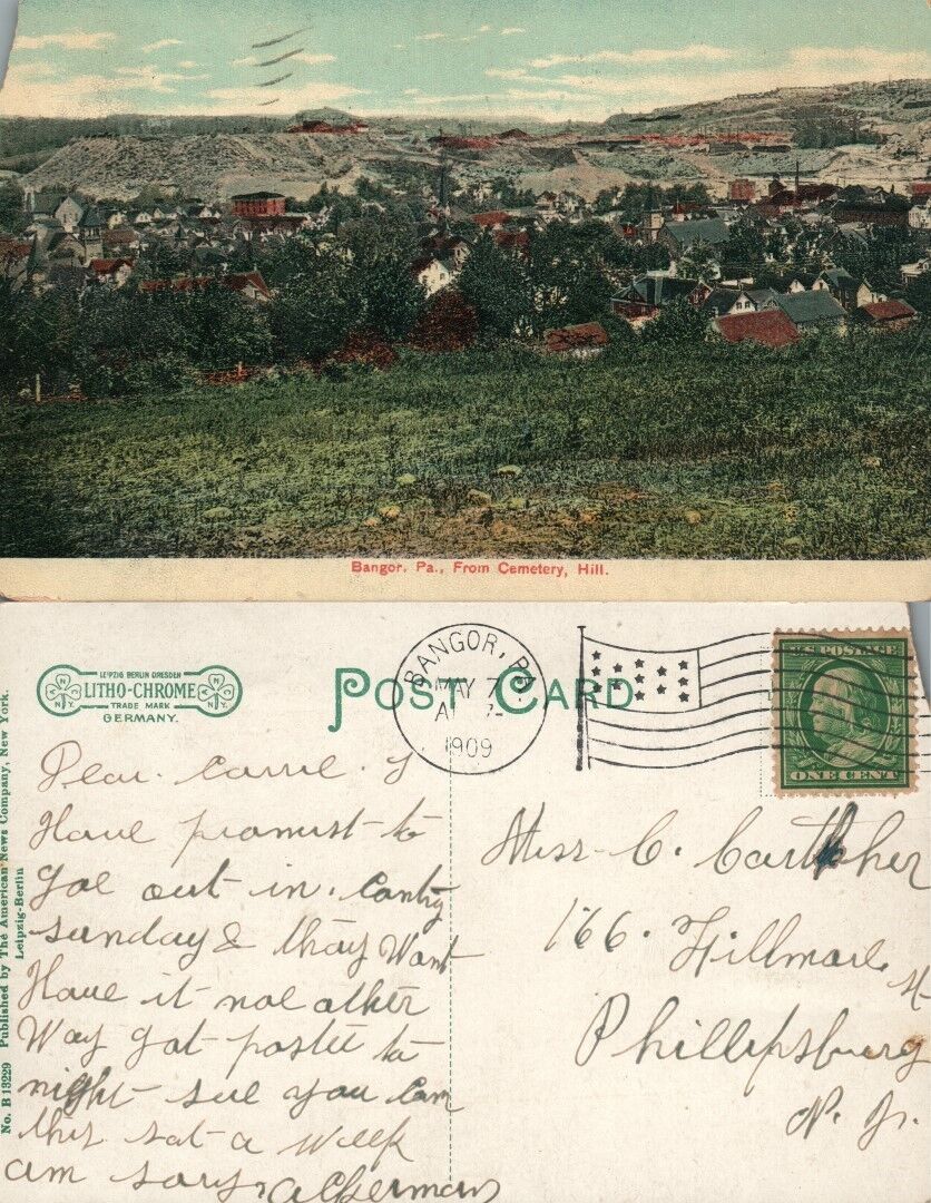 BANGOR PA FROM CEMETERY HILL 1909 ANTIQUE POSTCARD