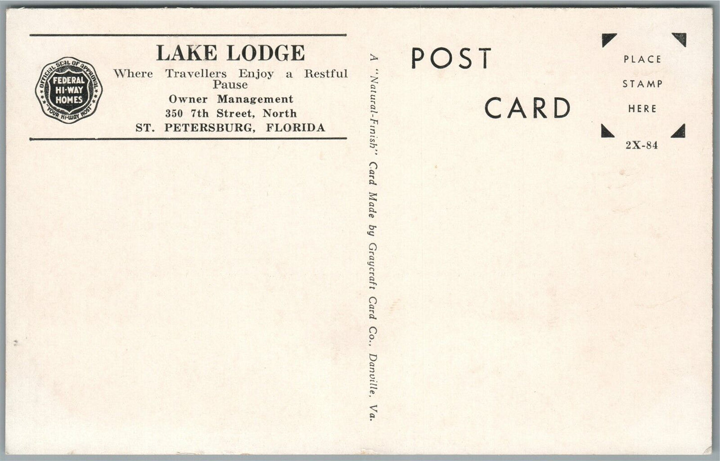 ST.PETERSBURG FL LAKE LODGE VINTAGE POSTCARD