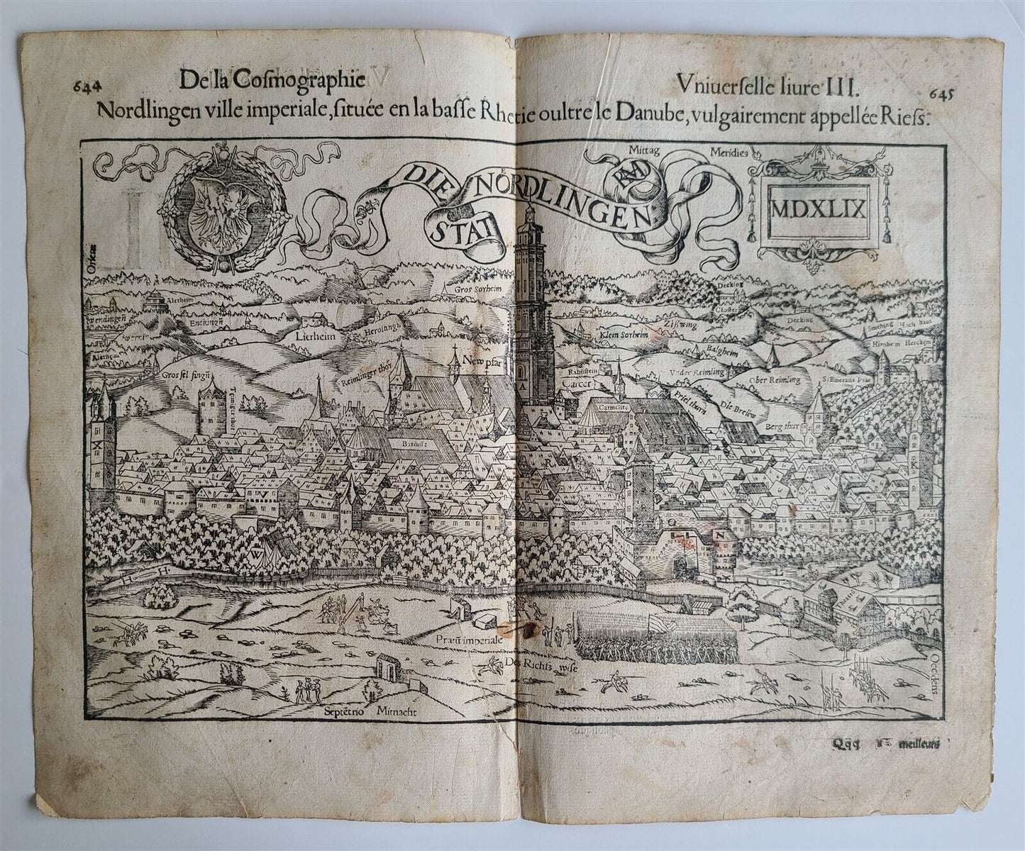 1575 NORDLINGEN GERMANY LEAF BELLEFOREST EDITION of MUNSTER COSMOGRAPHY antique