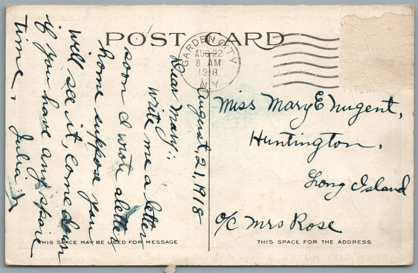 LONG ISLAND NY GARDEN CITY HOTEL ADVERTISING ANTIQUE POSTCARD