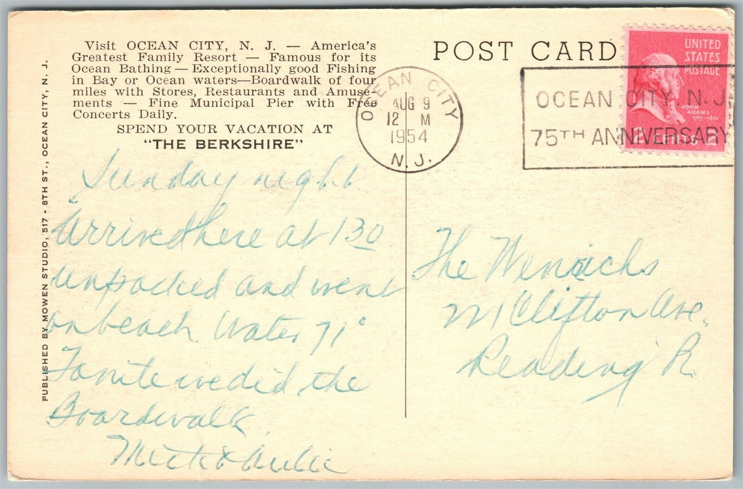 OCEAN CITY NJ BERKSHIRE HOTEL 1954 VINTAGE POSTCARD