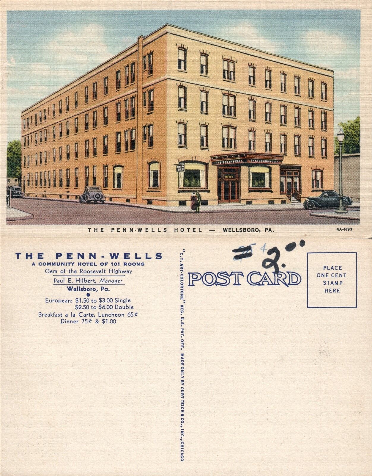 WELLSBORO PA PENN-WELLS HOTEL VINTAGE POSTCARD