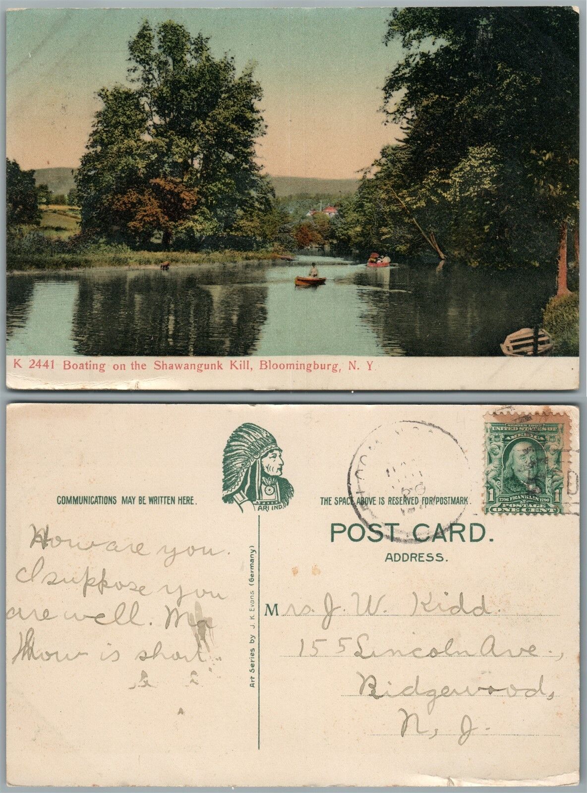 BLOOMINGBURG N.Y. BOATING on SHAWANGUNK KILL ANTIQUE POSTCARD
