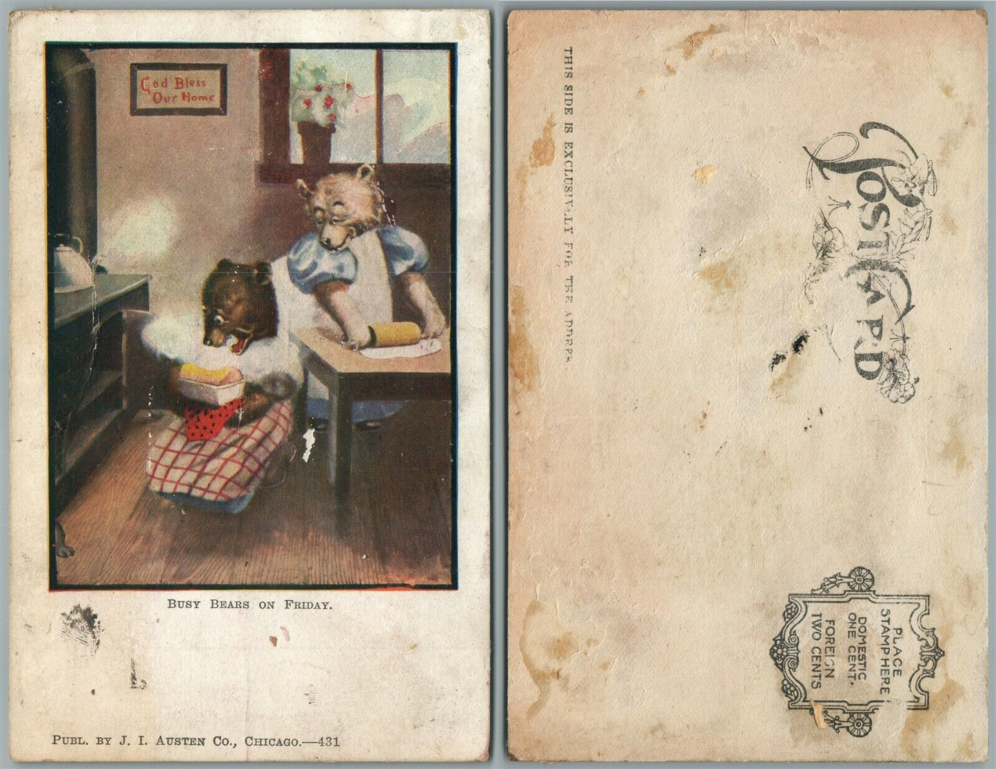 BUSY BEARS ON FRIDAY ANTIQUE UNDIVIDED POSTCARD