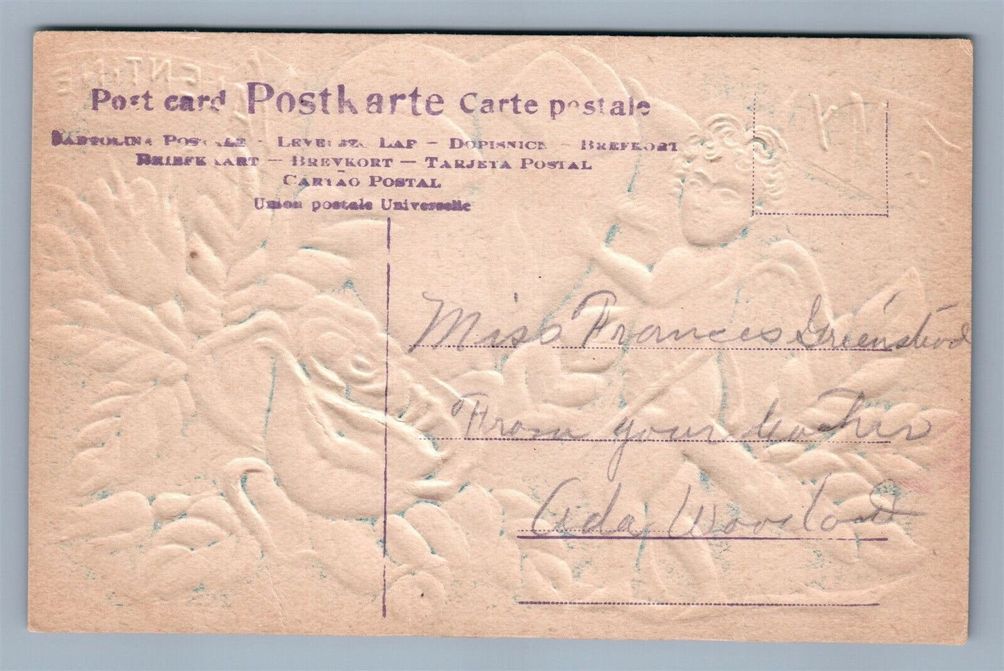 VALENTINE EMBOSSED ANTIQUE POSTCARD CUPID w/ ARROW IN FLOWERS