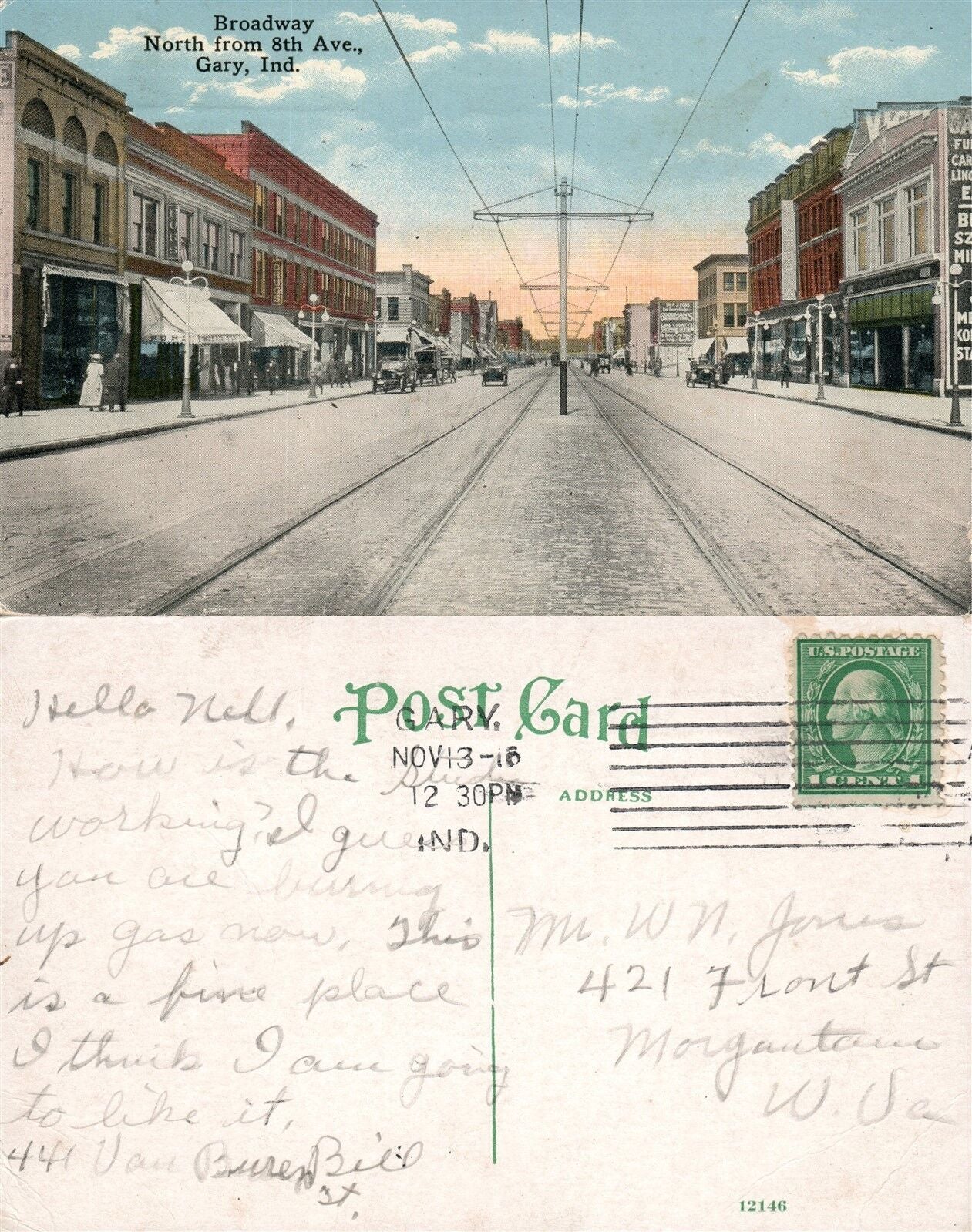 GARY IN BROADWAY NORTH FROMN 8th AVE. ANTIQUE 1916 POSTCARD
