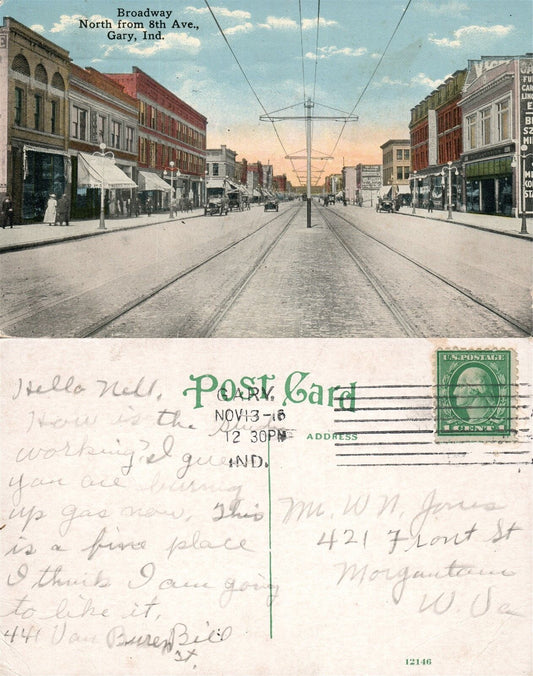 GARY IN BROADWAY NORTH FROMN 8th AVE. ANTIQUE 1916 POSTCARD