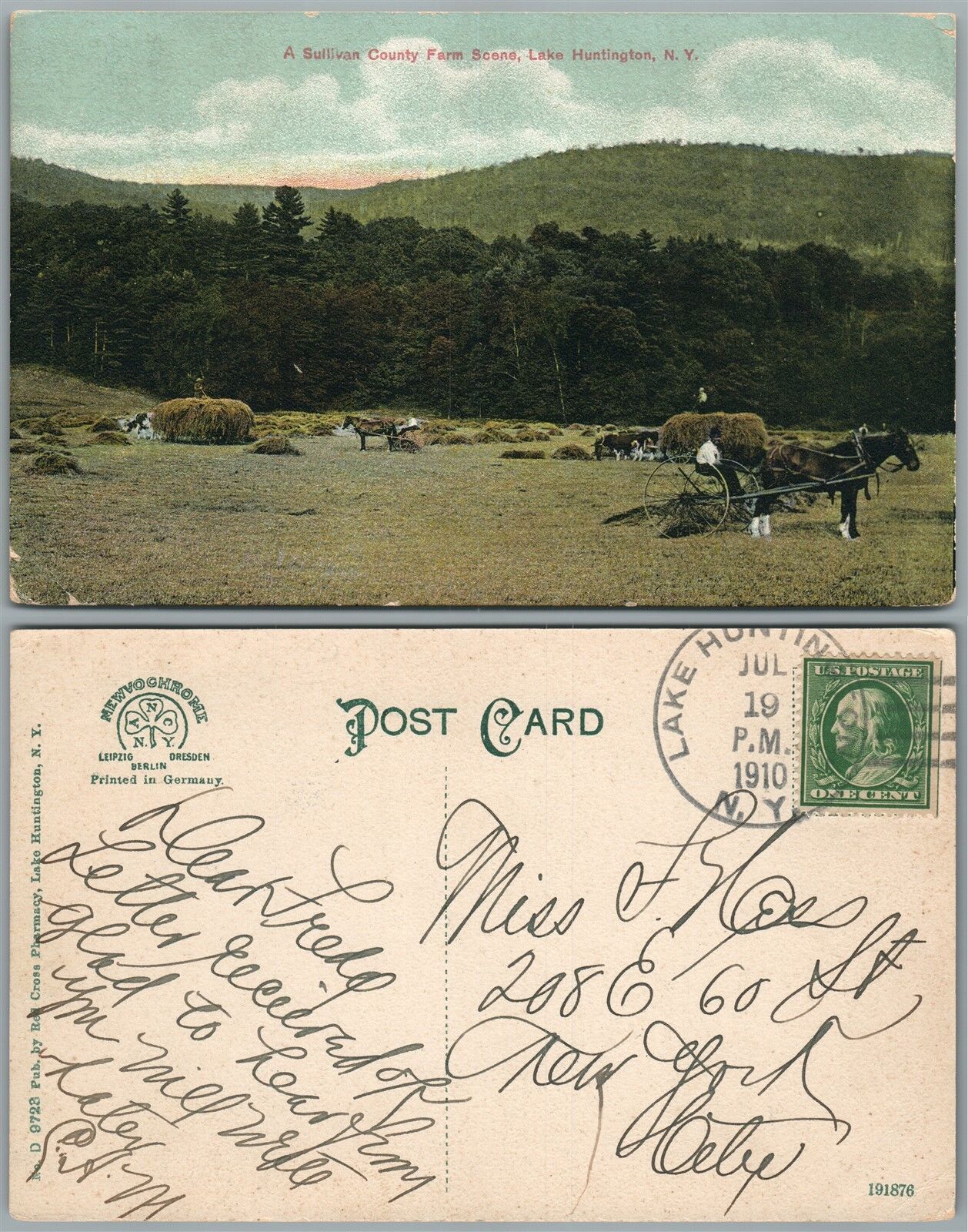 LAKE HUNTINGTON N.Y. SULLIVAN COUNTY FARM SCENE 1910 ANTIQUE POSTCARD