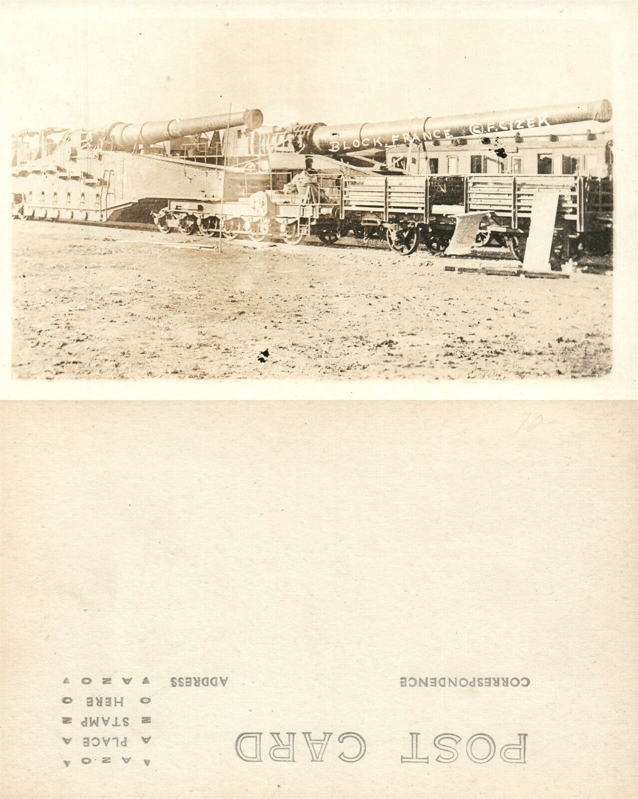 RAILWAY ARTILLERY BLOCK FRANCE WWI REAL PHOTO POSTCARD ANTIQUE RPPC railroad gun