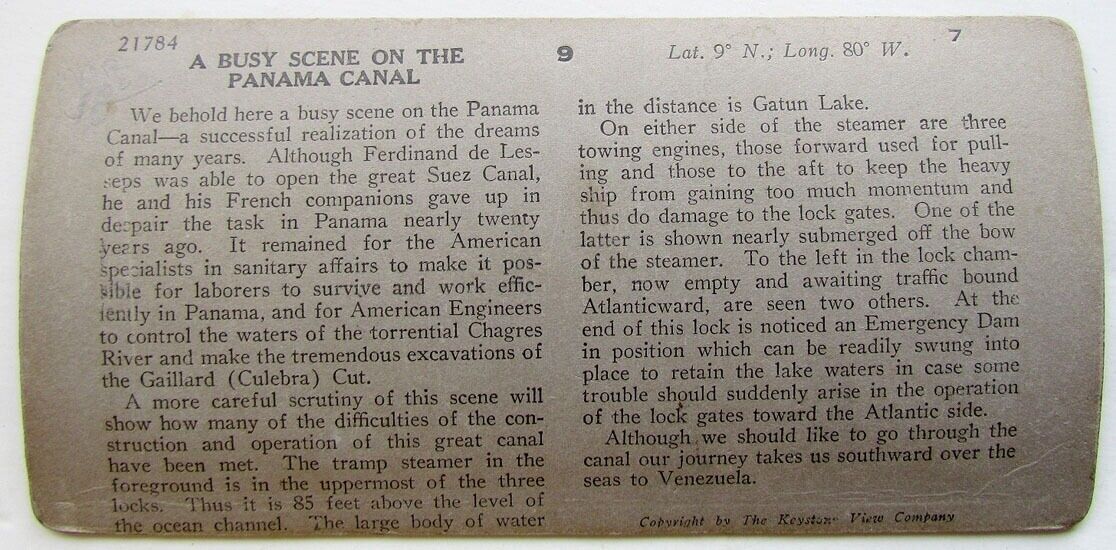 ANTIQUE STEREO PHOTO BUSY SCENE ON PANAMA CANAL GATUN LOCKS & LAKE SHIPS