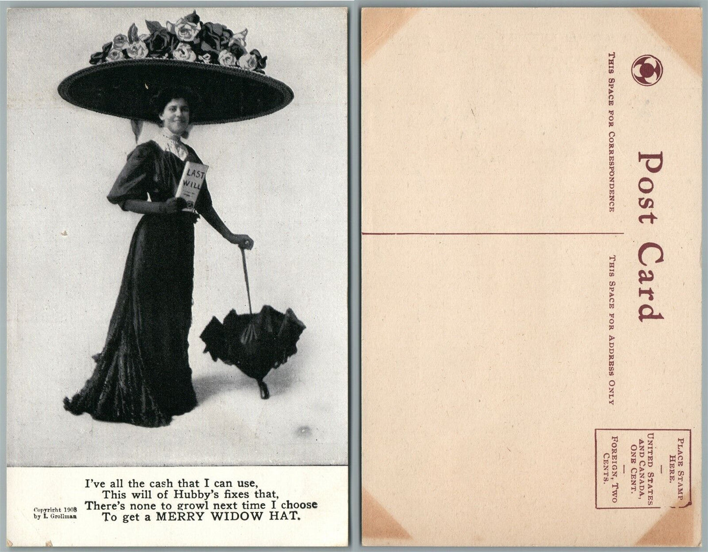 MERRY WIDOW HAT 1908 ANTIQUE POSTCARD