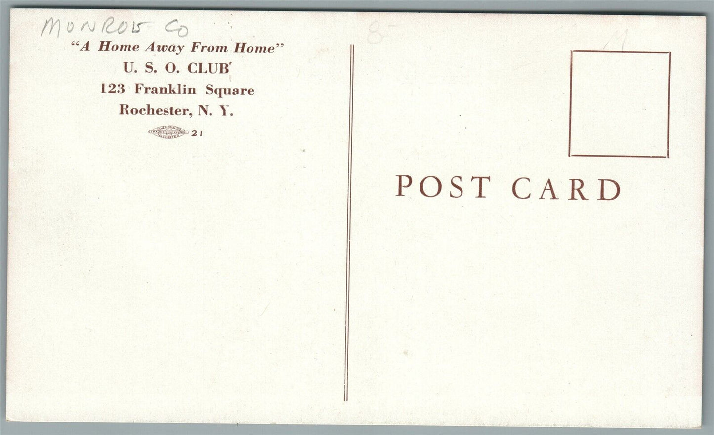 ROCHESTER NY U.S.O. CLUB VINTAGE POSTCARD