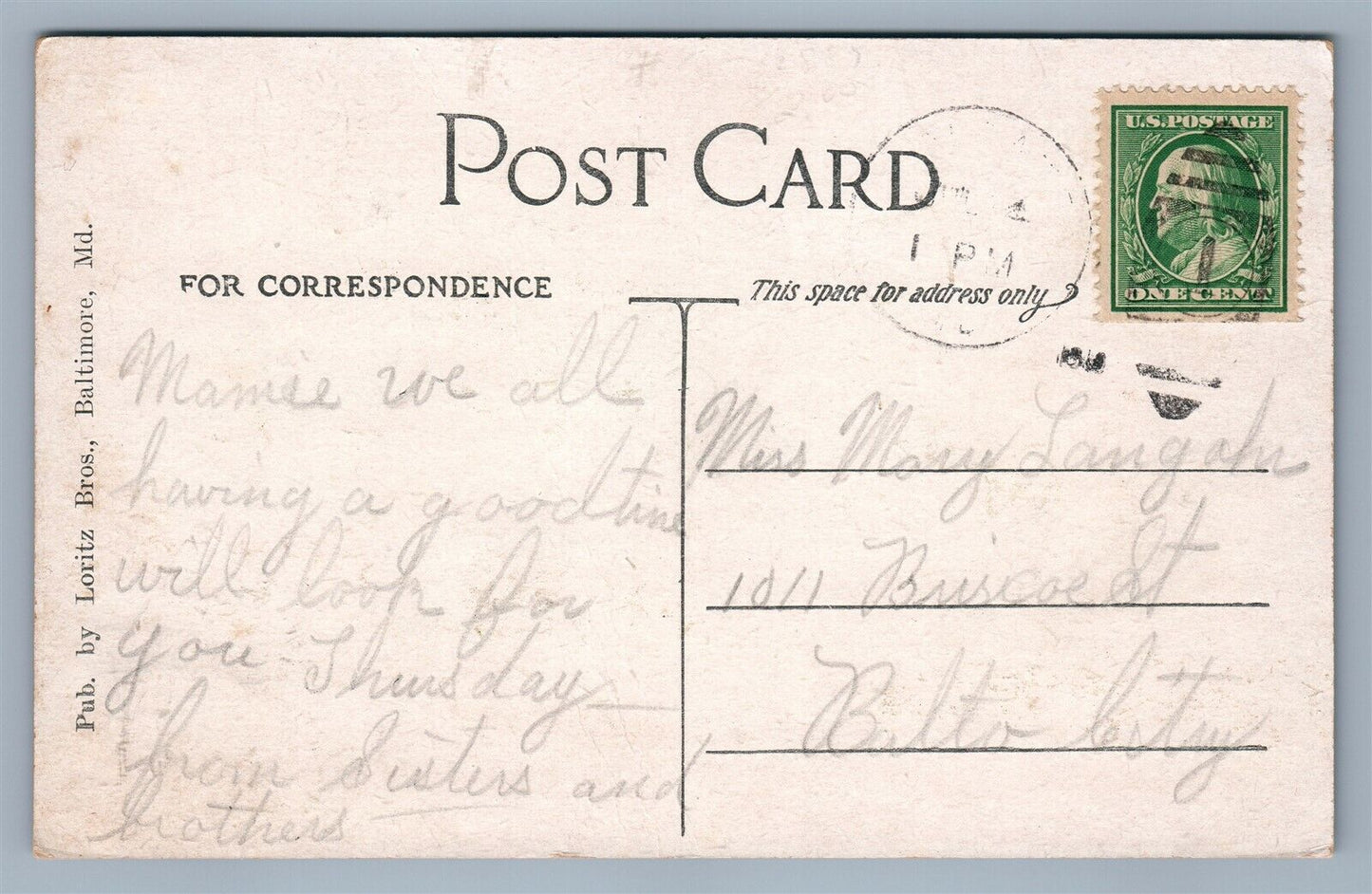 BALTIMORE MD MANSION HOUSE ANTIQUE POSTCARD w/ CORK CANCEL